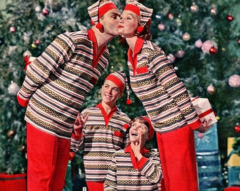 1960s families wearing matching Christmas pajamas in Nordic and Western styles
