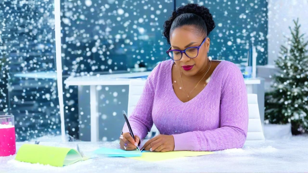 Black Woman with bright color wearing glasses life Coaching sitting sitting in o different office with water on the table with writing a letter with snow outside