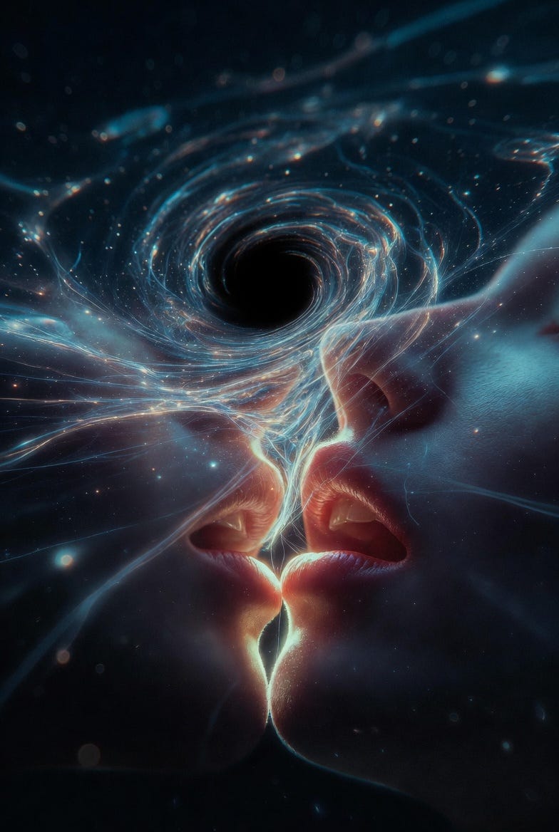 A surreal photograph of a black hole vortex with entangled light and lips, symbolizing quantum entanglement and holographic principle.