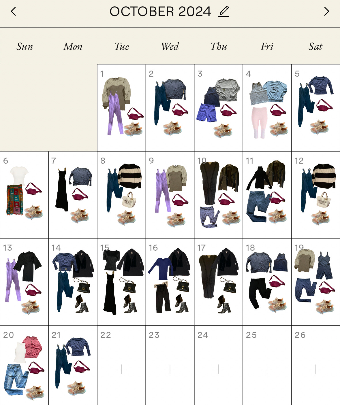 Screenshot from the Indyx app for October 2024; showing two weeks of outfits that are mostly black pieces.