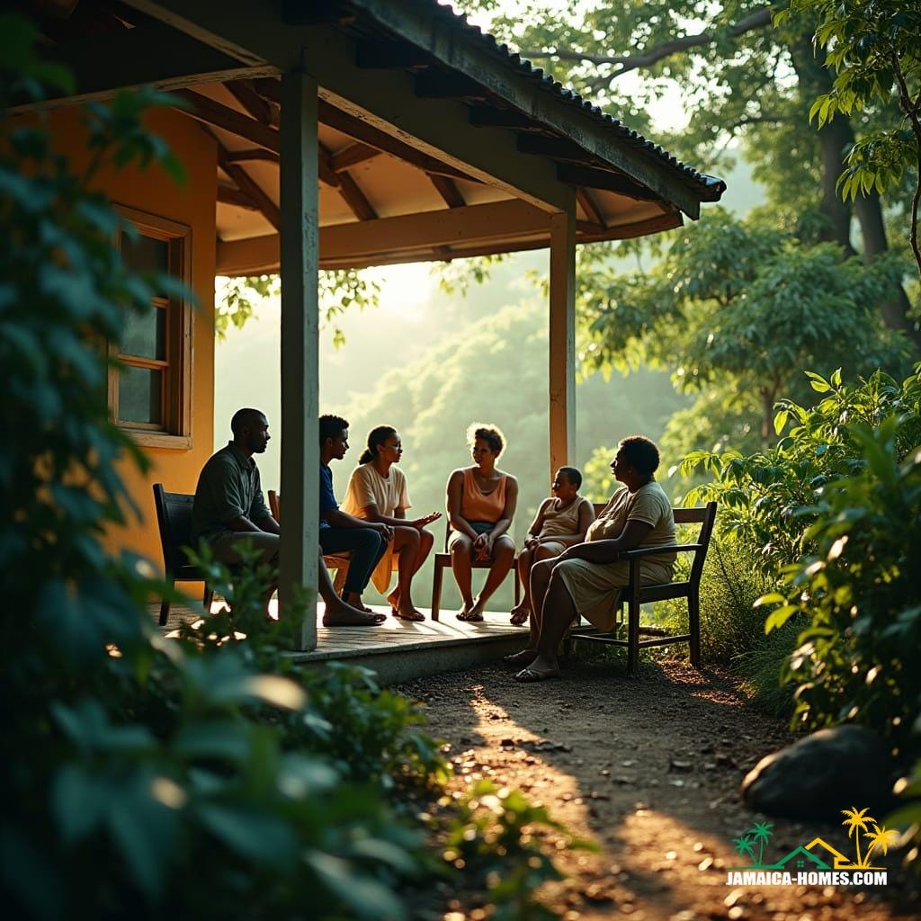 A family gathers on the porch of their ancestral estate, surrounded by lush Jamaican foliage, as they discuss the passing down of their property through generations, shot on 35mm film with a v-raptor XL camera, incorporating a warm, cinematic color grade, subtle film grain, and a vignette effect, evoking a sense of nostalgia and heritage, reminiscent of the works of cinematographer Roger Deakins, with the atmospheric lighting of a Terrence Malick film, and the epic, dramatic quality of a Christopher Nolan production, blending the traditional with the modern, as the family's legacy and cultural heritage are preserved through their informal adherence to the principles of fee tail, in a moment of quiet reflection, with the weight of history and tradition hanging in the air, like a masterpiece of cinematic storytelling.