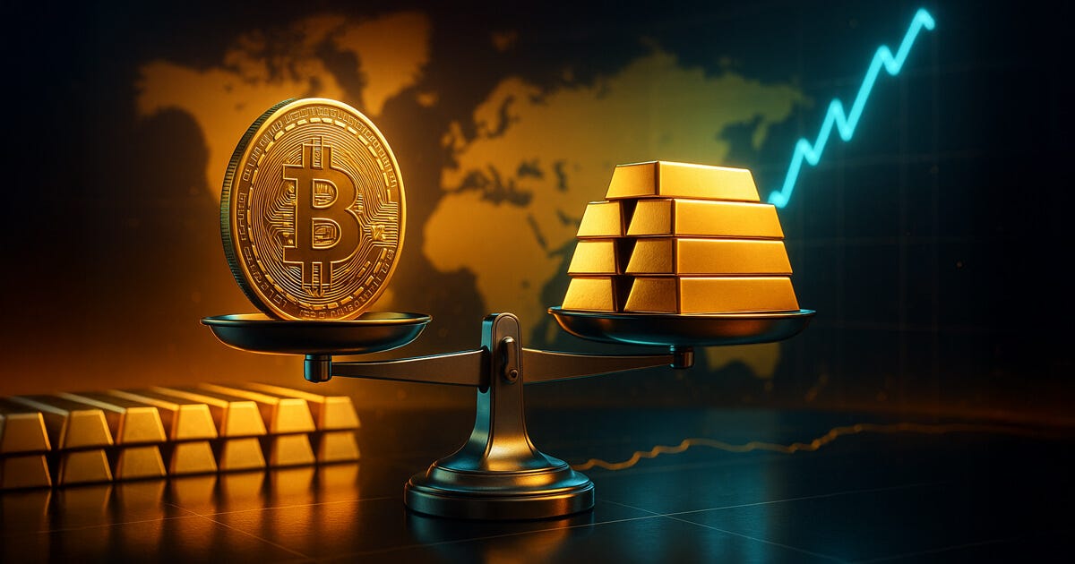 A gleaming balance scale in a bright, modern vault holds a large gold Bitcoin coin level with a stack of gold bars, set against a teal-and-gold world map and rising chart line.