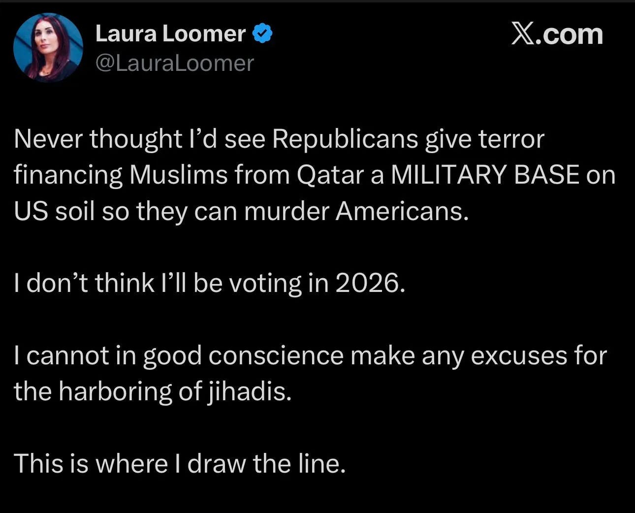 Tweet by Laura Loomer saying she won't vote in 2026