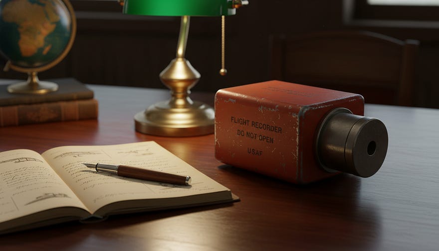 The image captures a close-up, photorealistic view of a vintage aviation flight recorder, also known as a black box, resting on a polished wooden executive desk. The device is slightly worn, suggesting use. Next to it is an open leather notebook with handwritten notes and a fountain pen. The lighting is warm and cinematic, it comes from a desk lamp, creating deep shadows. The atmosphere is contemplative and studious. The image captures a close-up, photorealistic view of a vintage aviation flight recorder, also known as a black box, resting on a polished wooden executive desk. The device is slightly worn, suggesting use. Next to it is an open leather notebook with handwritten notes and a fountain pen. The lighting is warm and cinematic, it comes from a desk lamp, creating deep shadows. The atmosphere is contemplative and studious.