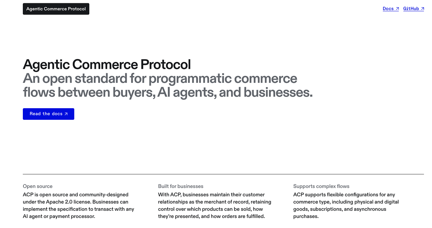 Agentic Commerce Protocol homepage describing ACP as an open standard for programmatic commerce flows between buyers, AI agents, and businesses, with Apache 2.0 licensing and merchant-of-record control.