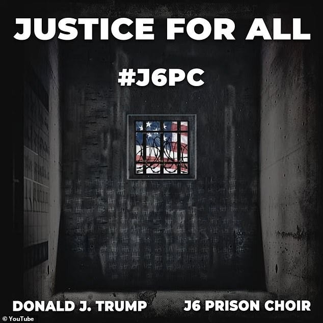 The song, entitled 'Justice for All,' uses Trump's spoken word recitation of the Pledge of Allegiance over the Star-Spangled banner, with the prisoners chanting 'USA' at the end