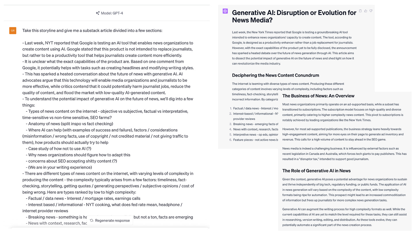 (left) detailed storyline fed to ChatGPT, (right) v1 draft of article