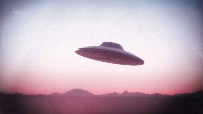 3D illustration, Unidentified Flying Object from the 60's and 70's photographic film style.