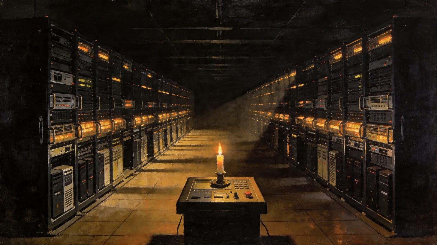 A single candle burns on a console in the foreground of a vast, dark server room. Rows of machines recede into shadow on both sides, their amber indicator lights the only other source of warmth. No human figures. The candle's light barely reaches the first row.
