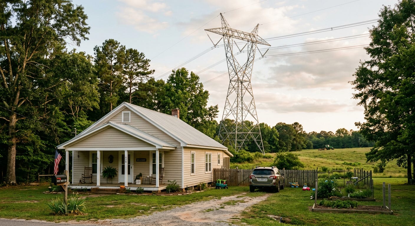 High‑voltage transmission tower looming behind a rural family home in Georgia, illustrating the impact of eminent domain on local landowners.