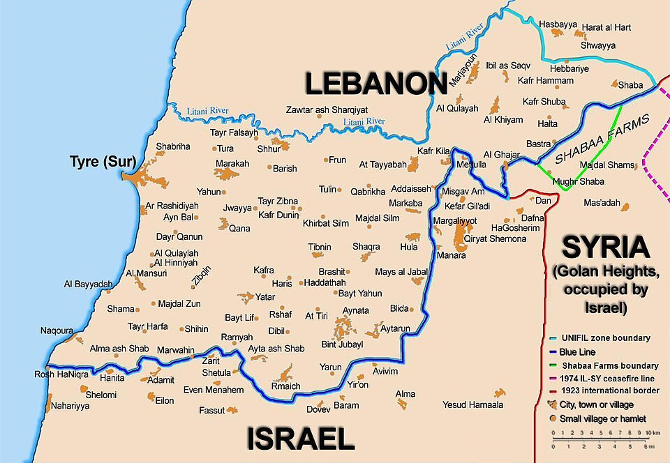 Map showing the Blue Line demarcation line between Lebanon and Israel, established by the UN after the Israeli withdrawal from southern Lebanon after its short 1978 invasion called Operation Litani. It follows the 1949 cease-fire line, also known as the Green Line, as well as the somewhat contested Lebanese-Syrian border towards the Israeli-occupied Golan Heights.