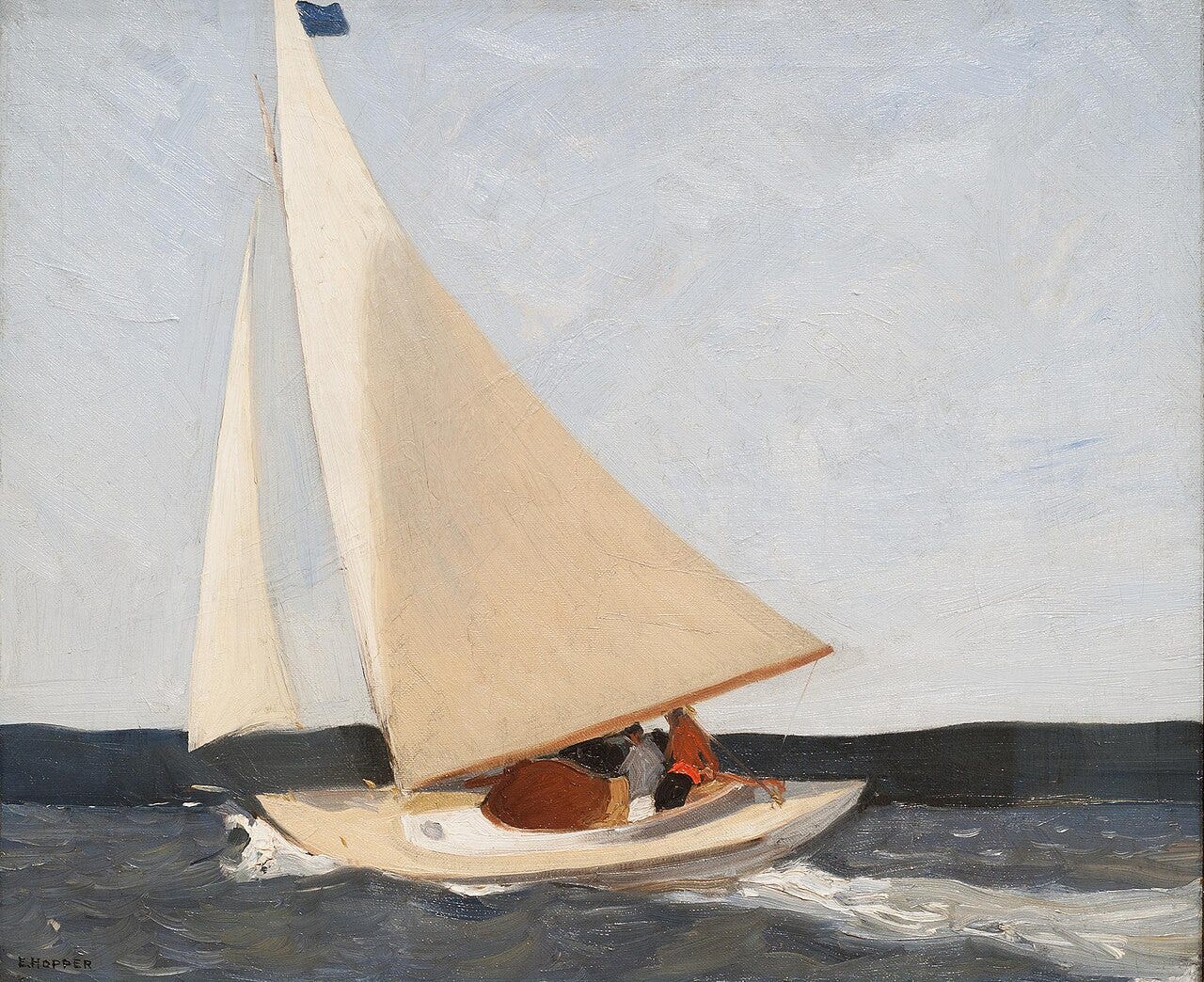 Edward Hopper's painting of a sailboat leaning into the wind on open water.