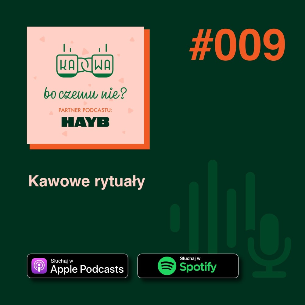 Grafika promująca podcast „Kawa. Bo czemu nie?” – odcinek dziewiąty. Podlinkowana do odtwarzacza podcastów.