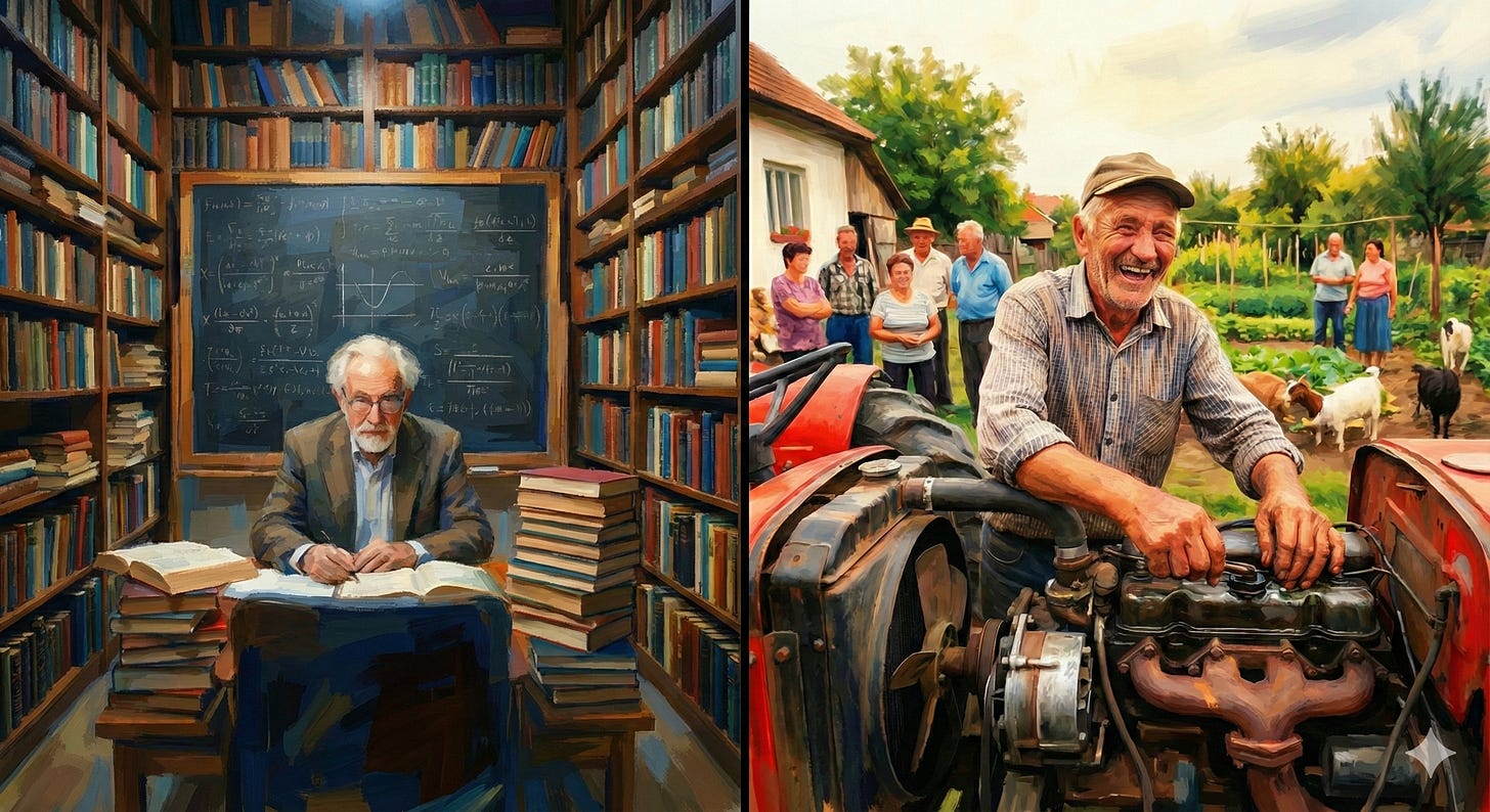 Uma ilustração dividida em dois painéis. O painel esquerdo mostra um homem idoso em uma biblioteca, escrevendo em um caderno com equações em um quadro-negro atrás dele. O painel direito mostra o mesmo homem sorrindo enquanto trabalha em um motor de trator em um ambiente rural, com pessoas e animais ao fundo. O estilo é de pintura a óleo ou acrílica.