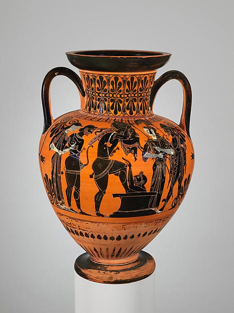 A Greek amphora showing Ajax carrying the body of Achilles