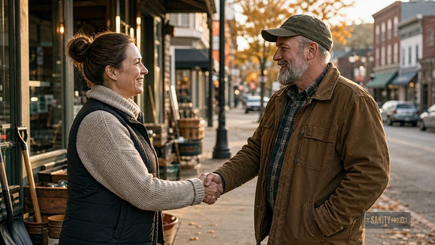 Two Canadian hardware store dealers shaking hands, representing Home Hardware Canada’s dealer-owned model. Two Canadian hardware store dealers shaking hands, representing Home Hardware Canada’s dealer-owned model.