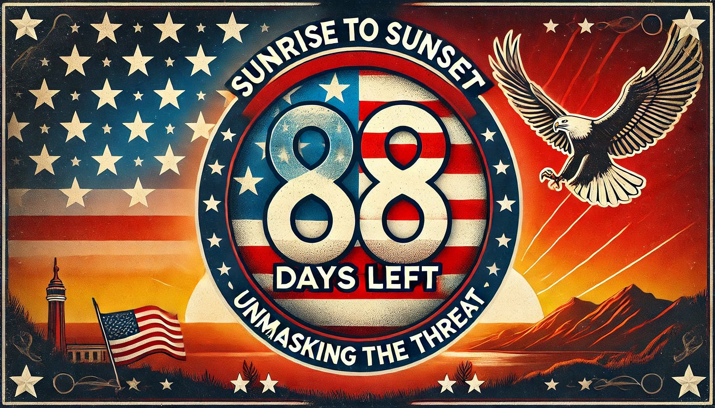 Patriotic-themed image showing a sunrise or sunset over a landscape with the American flag, an eagle, and the number '88 Days Left' prominently displayed. The text reads 'Sunrise to Sunset: 88 Days Left – Unmasking the Threat.'