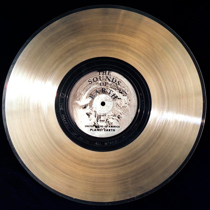 A photo of a record disk playing music on the left and of singer Kesarbai Kerkar on the right.