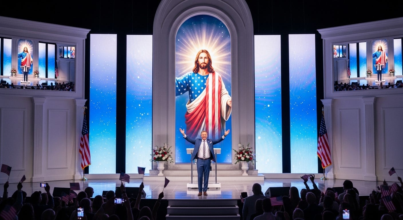 Evangelical megachurch congregation cheering as a preacher stands before an image of Jesus draped in an American flag motif, symbolizing the fusion of faith and politics.