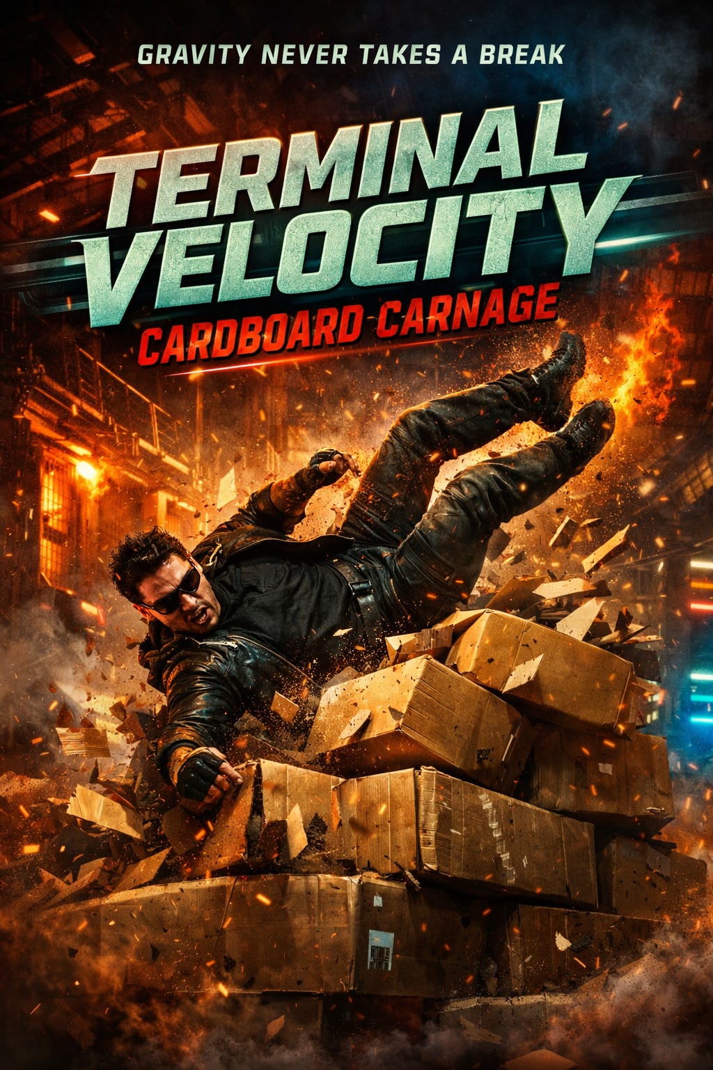 A parody action-movie poster titled Terminal Velocity: Cardboard Carnage. A sunglasses-wearing action hero crashes dramatically through a towering stack of cardboard boxes as debris and sparks explode around him in a fiery warehouse setting. The tagline at the top reads, “Gravity Never Takes a Break,” while the exaggerated destruction and over-the-top action humorously represent a classroom physics lesson about falling objects and impact forces. A parody action-movie poster titled Terminal Velocity: Cardboard Carnage. A sunglasses-wearing action hero crashes dramatically through a towering stack of cardboard boxes as debris and sparks explode around him in a fiery warehouse setting. The tagline at the top reads, “Gravity Never Takes a Break,” while the exaggerated destruction and over-the-top action humorously represent a classroom physics lesson about falling objects and impact forces.