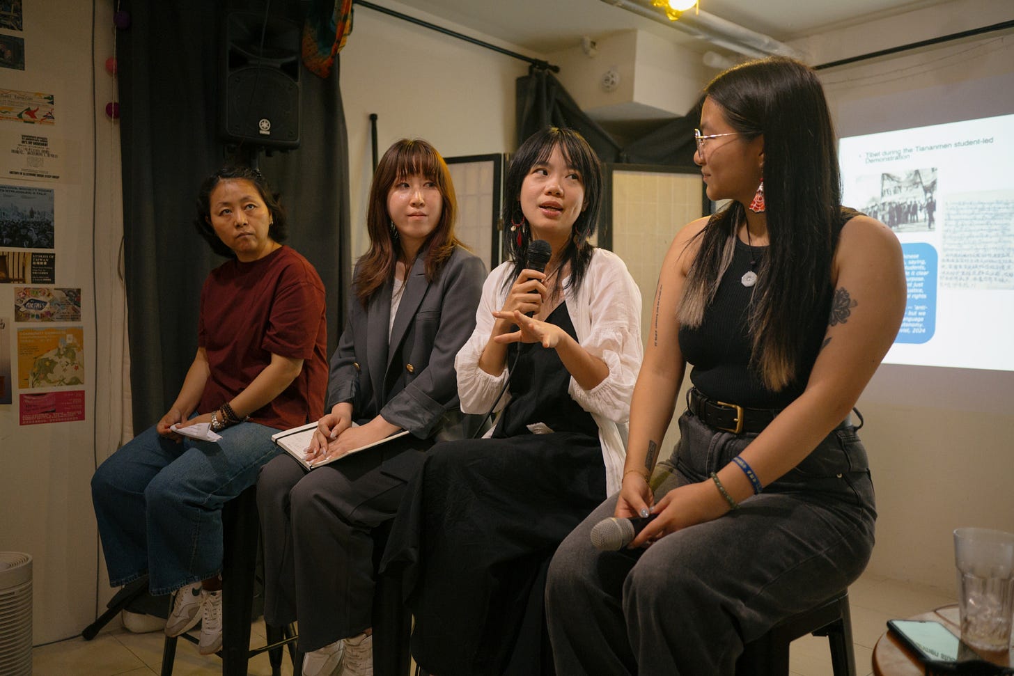Photo of panelists at the Diversifying Tiananmen Square Narratives event from left to right: Dolma Tsering, Athena Tong, Candia Tong, Aurora Chang.
