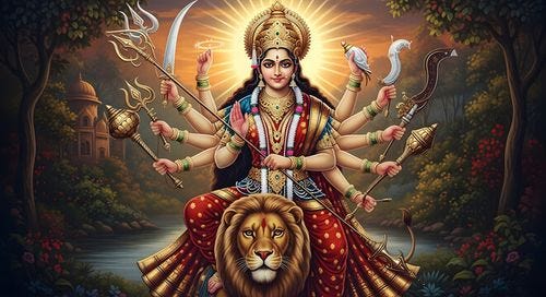 Goddess Durga with weapons, lion, multi-armed, divine, spiritual artwork, India, Hindu religion.