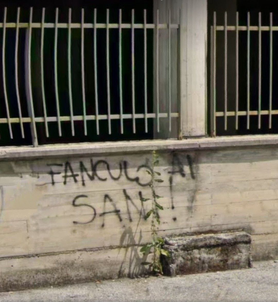 Muro grigio chiaro sormontato da una una cancellata di ferro battuto. Sul muro c'è la scritta nera "Fanculo ai sani!", e davanti c'è una piccola pianta cresciuta nell'asfalto.