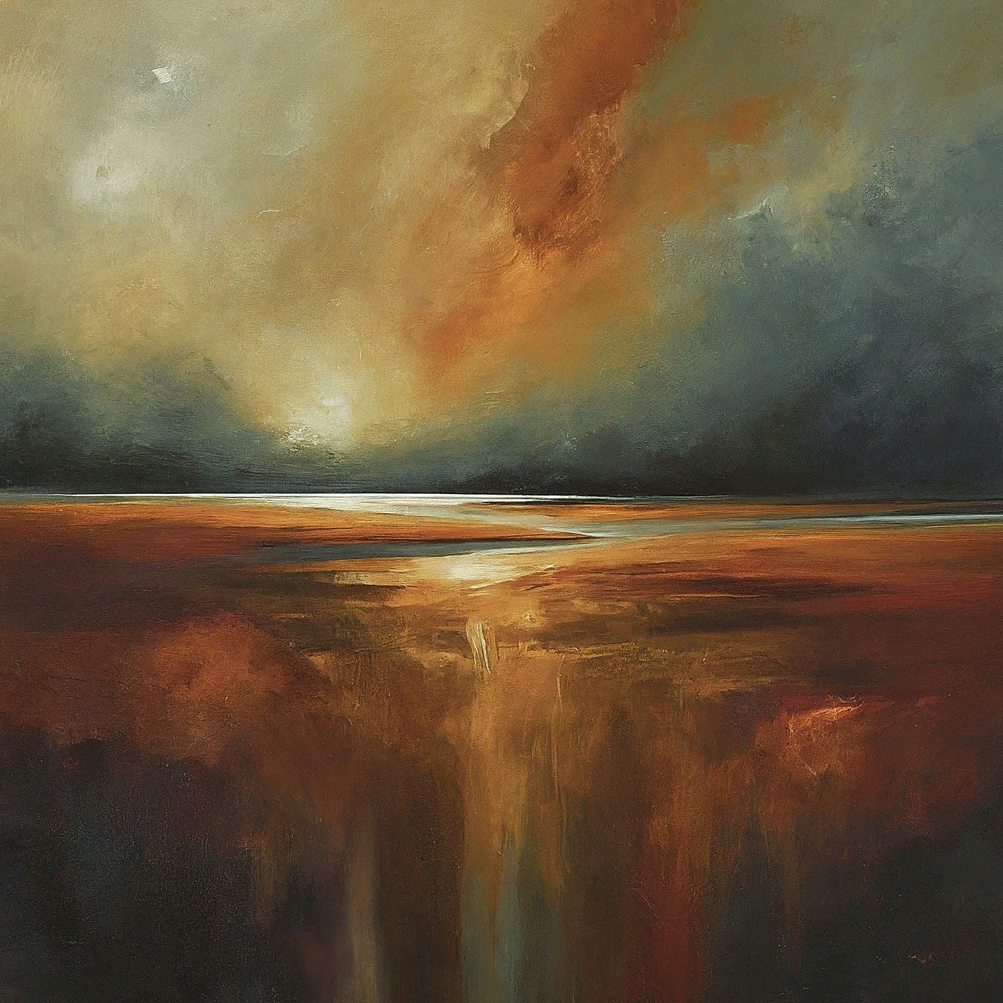 Abstract painting in hues of orange and black