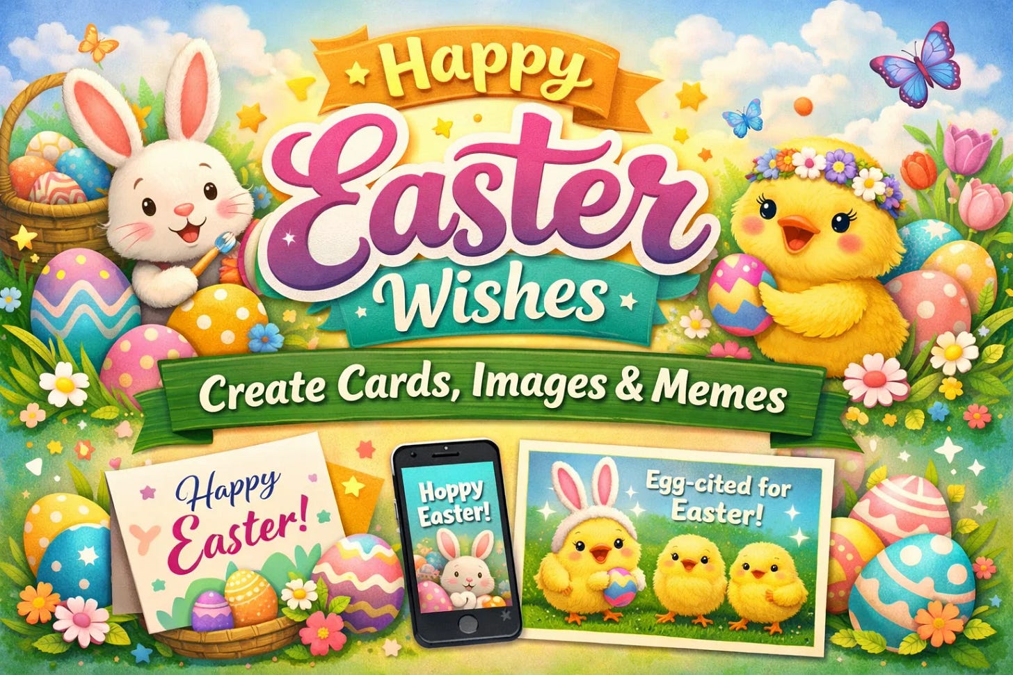Colorful Happy Easter wishes graphic with cute bunny, chick and Easter eggs showing how to create Easter cards, images and memes from happy Easter wishes