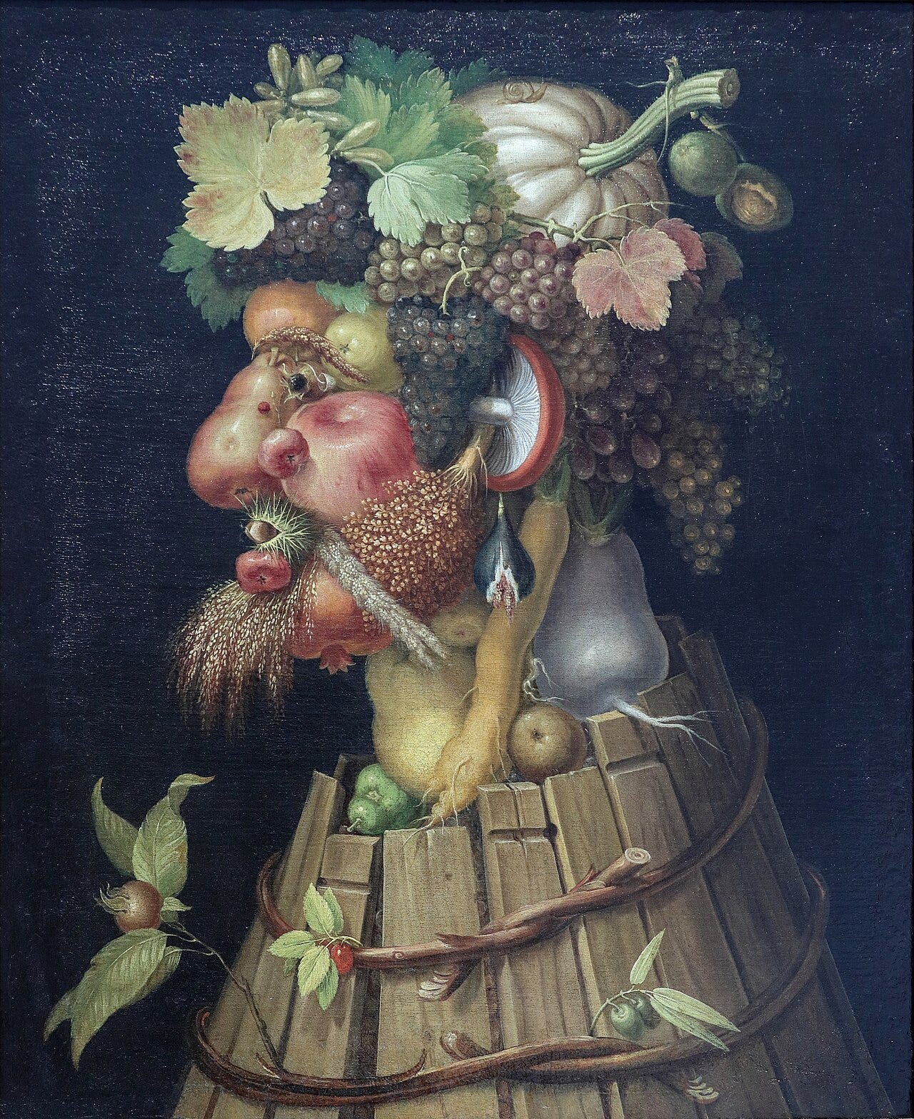 A man's face made of autumn fruit, painted by Giuseppe Arcimboldo in 1573