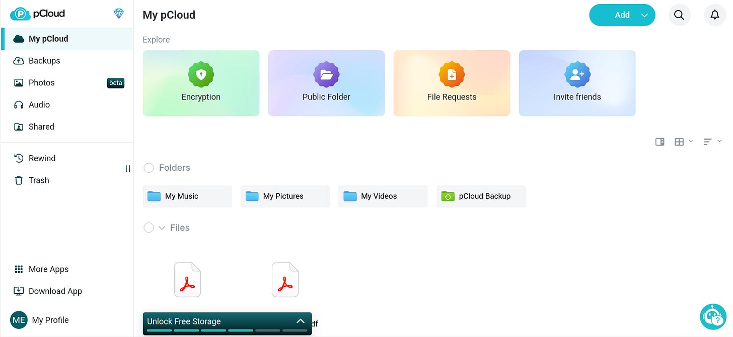 A screenshot of the pCloud web interface showing a clean dashboard with folders for Documents, Photos, and Music.