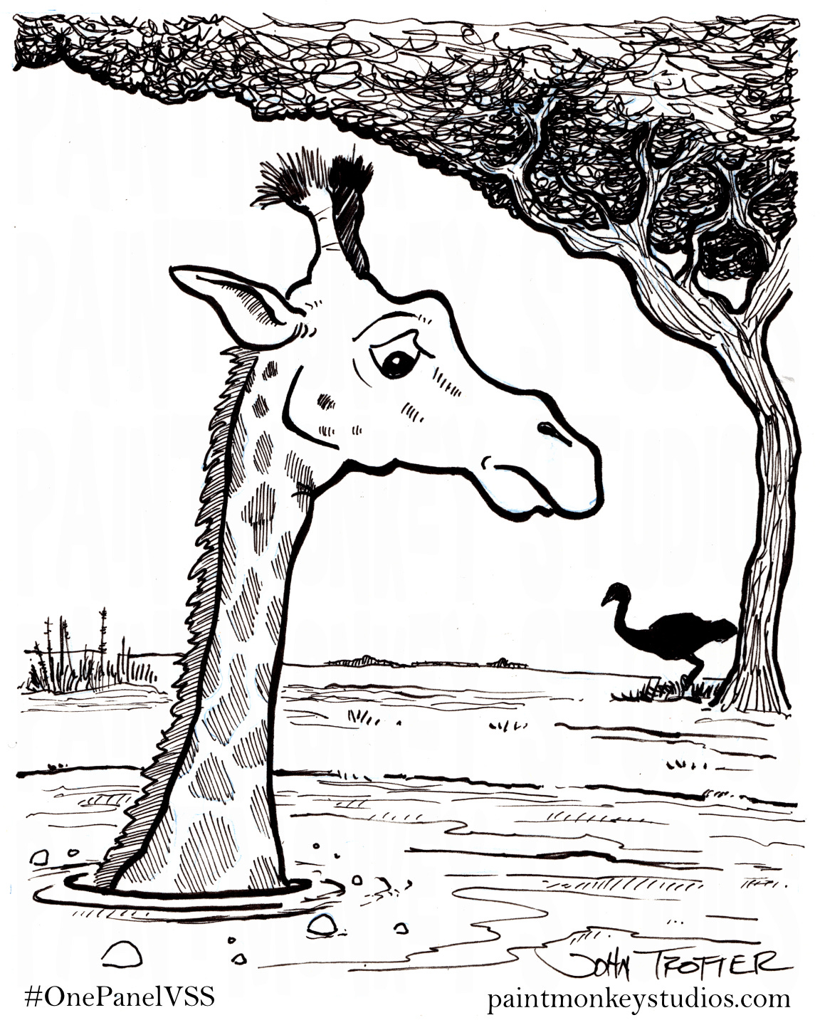 Ink drawing of a giraffe up to it's neck in quicksand.