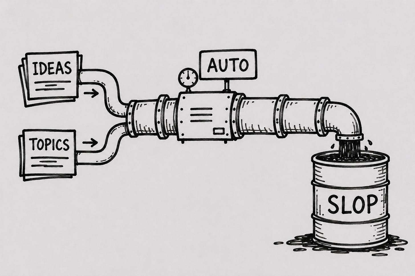 Alt Text Hand-drawn black marker illustration of an industrial pipeline. On the left, two stacked document boxes labeled "IDEAS" and "TOPICS" feed into a metal apparatus with a pressure gauge and an "AUTO" sign on top. The pipeline curves down and to the right, emptying into a large industrial barrel labeled "SLOP," with droplets pooling at its base. Illustrates the ensloppification workflow problem from Nick Quick's piece on AI publishing systems, content automation failure, and creator workflow governance. Alt Text Hand-drawn black marker illustration of an industrial pipeline. On the left, two stacked document boxes labeled "IDEAS" and "TOPICS" feed into a metal apparatus with a pressure gauge and an "AUTO" sign on top. The pipeline curves down and to the right, emptying into a large industrial barrel labeled "SLOP," with droplets pooling at its base. Illustrates the ensloppification workflow problem from Nick Quick's piece on AI publishing systems, content automation failure, and creator workflow governance.