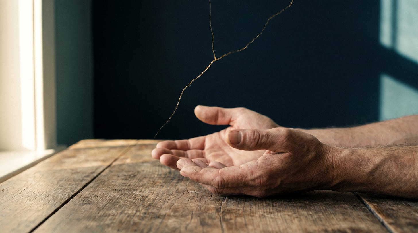 A pair of human hands resting open and empty on a plain surface, palms up, with soft natural light falling from one side and a subtle gold fracture line in the dark background — suggesting the moment something long held finally releases.