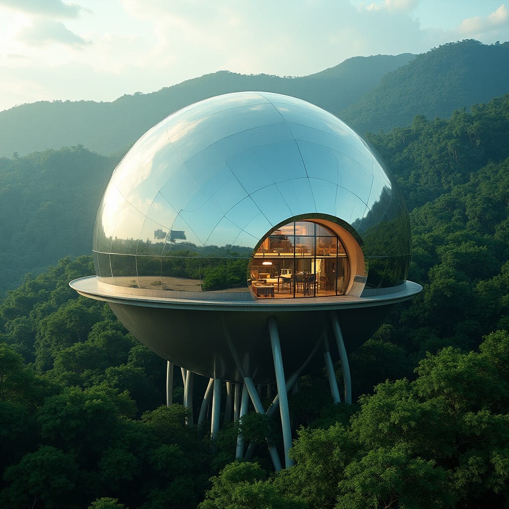 A futuristic, eco-friendly school, a massive sphere nestled into Jamaica's lush Blue Mountains, its reflective surface mirroring the surrounding forest, elevated on slender stilts, creating the illusion of floating above the landscape, with solar panels and natural ventilation blending seamlessly into the tropical environment. Inside, circular, multi-level rooms spiral around a central core, glass walls offering breathtaking, uninterrupted views of the misty mountains.