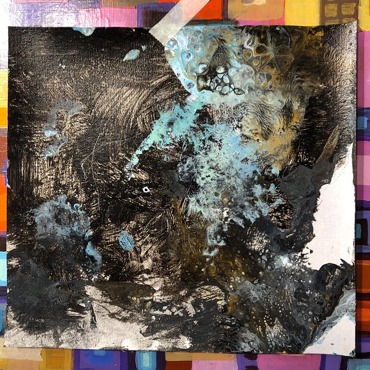 LEFT: Photograph of paint marks that inspired HEAD IN THE CLOUD. Mostly dark brown showing through to white with the trail of brush marks. A smattering of light blue shows in the upper right.  RIGHT: Detail from HEAD IN THE CLOUD featuring the abstract paint patterns in the upper right of the panel that resolve into integrated circuits, lines of white that end in open circles. Branching out over the boy’s cheek is a roughly rendered chip (yellow rectangle) with dashes coming off three sides. The way it angles over his cheek suggests the microphone of a headset.