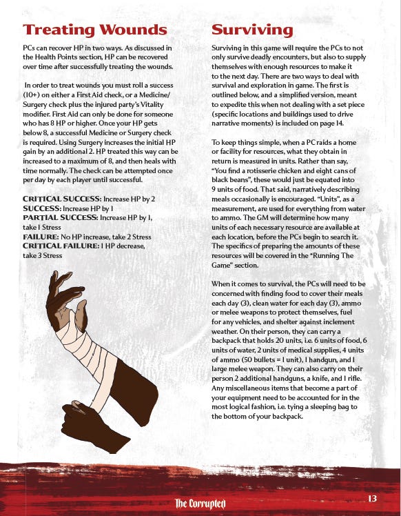 A two-column layout that demonstrates the visual consistency of this game. The first column describes how to treat wounds, the second describes how to find resources.