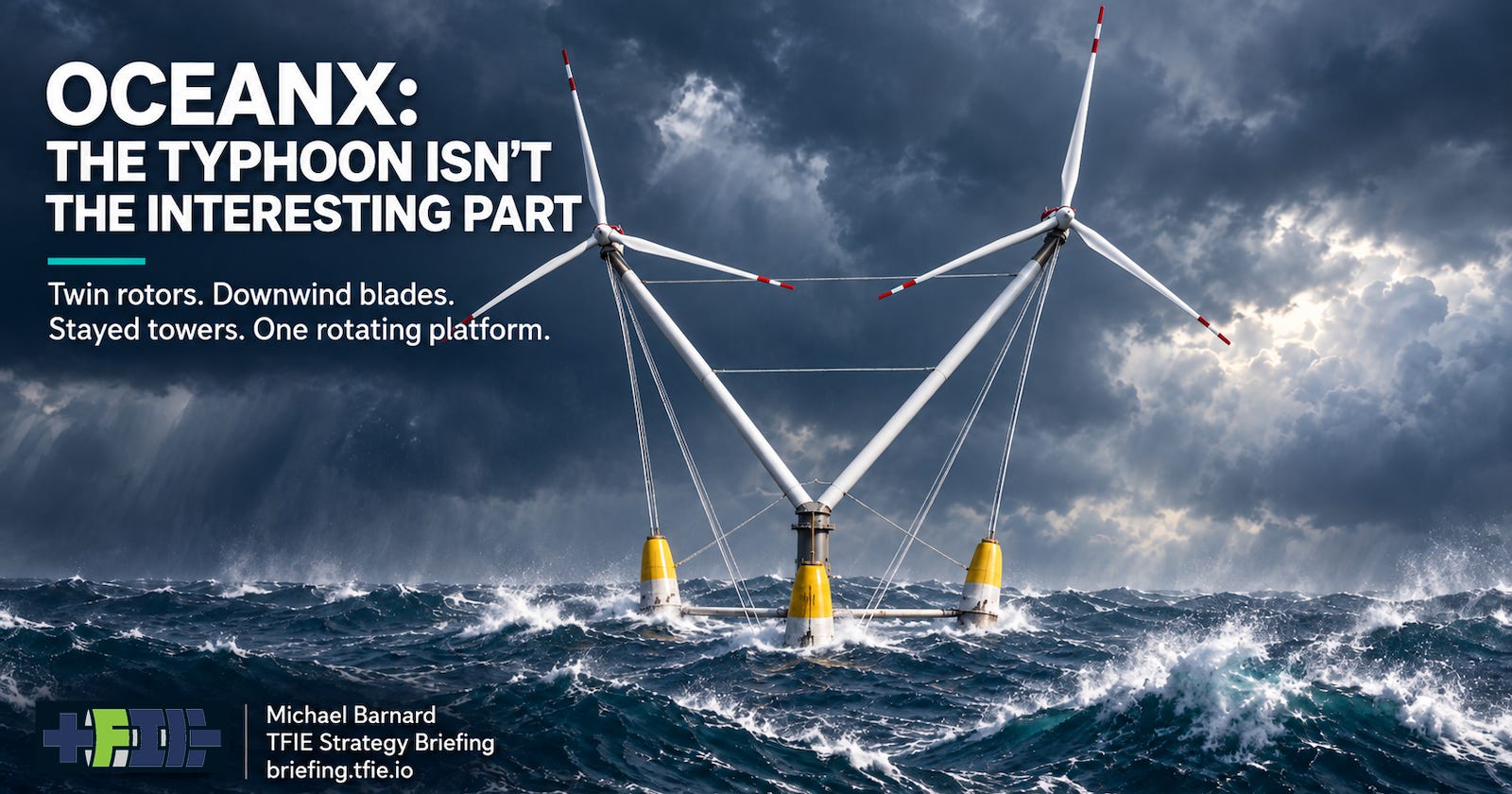 OceanX twin-rotor floating wind platform in rough seas, showing two three-bladed downwind rotors on inclined V-shaped stayed supports above a three-float semi-submersible foundation.