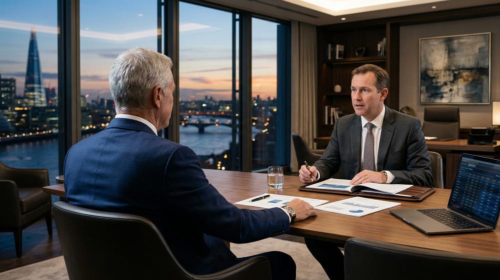 Reunión de asesoramiento financiero y gestión del patrimonio en una oficina de lujo de Londres con vistas al Shard al atardecer, con gráficos financieros en el escritorio