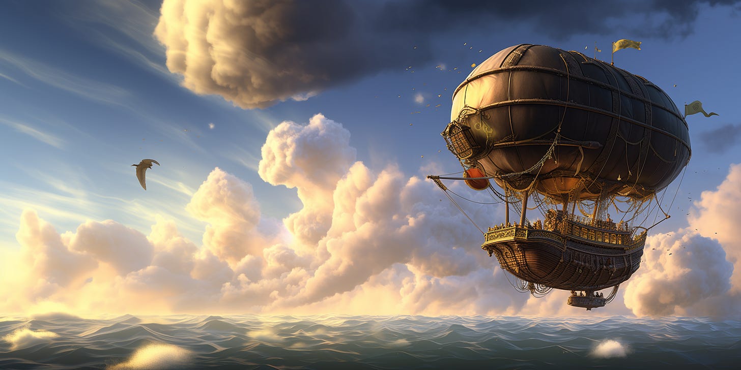 An airship sailing into the unknown above a roiling ocean