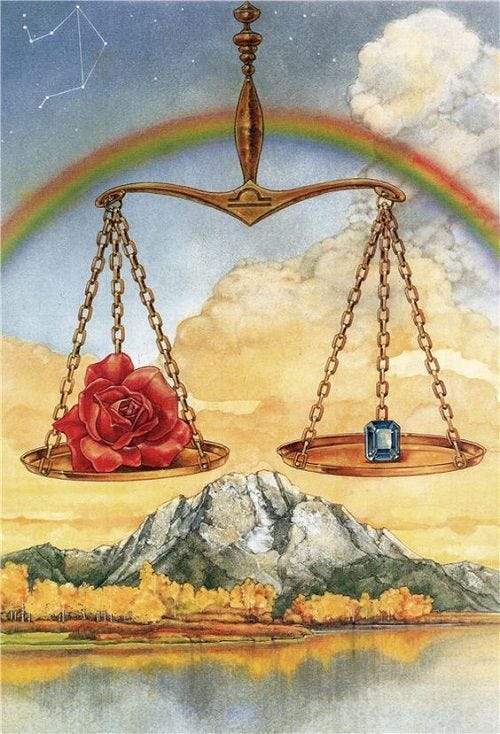 This may contain: a painting of two balance scales with a rose on one and a diamond on the other