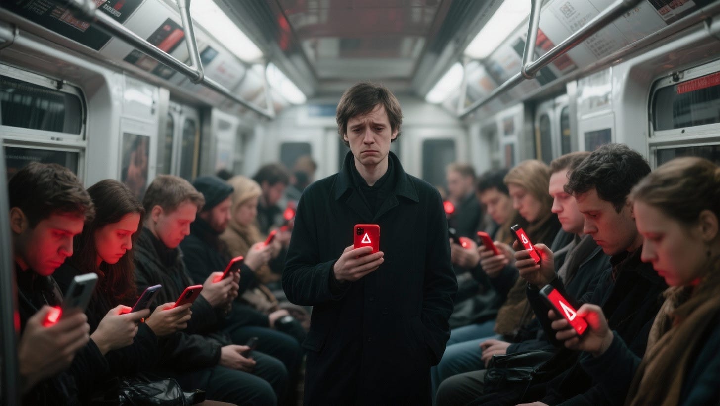 Subway car full of passengers staring at phones glowing with red alert notifications; person in center with exhausted awareness Subway car full of passengers staring at phones glowing with red alert notifications; person in center with exhausted awareness