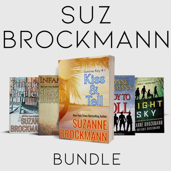 Graphic reads: Suz Brockmann Bundle" and features the covers of Ready to Roll, Infamous, Kiss & Tell, Night Sky and Future Perfect