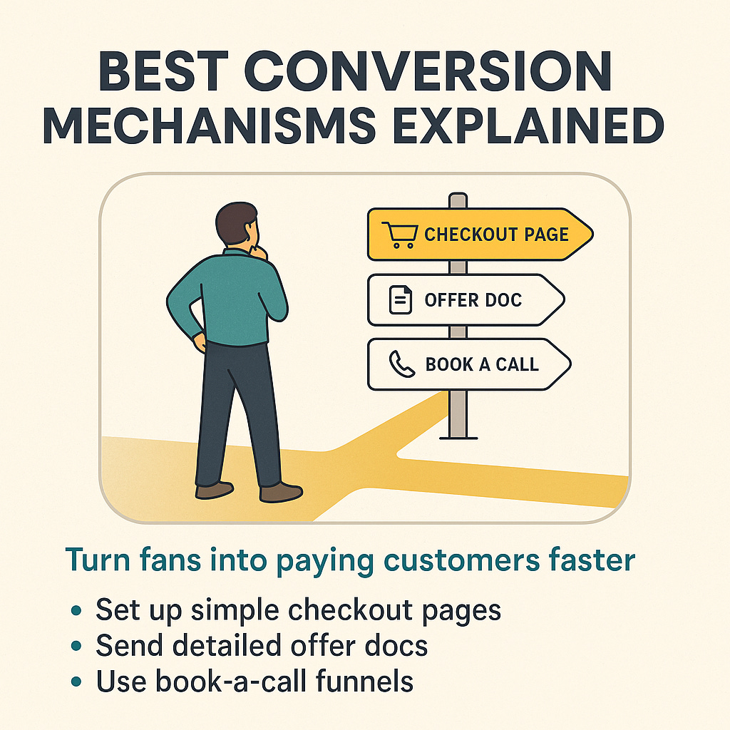 Image showing a person at a crossroads choosing between checkout page, offer doc, and book-a-call funnel with bold conversion tips