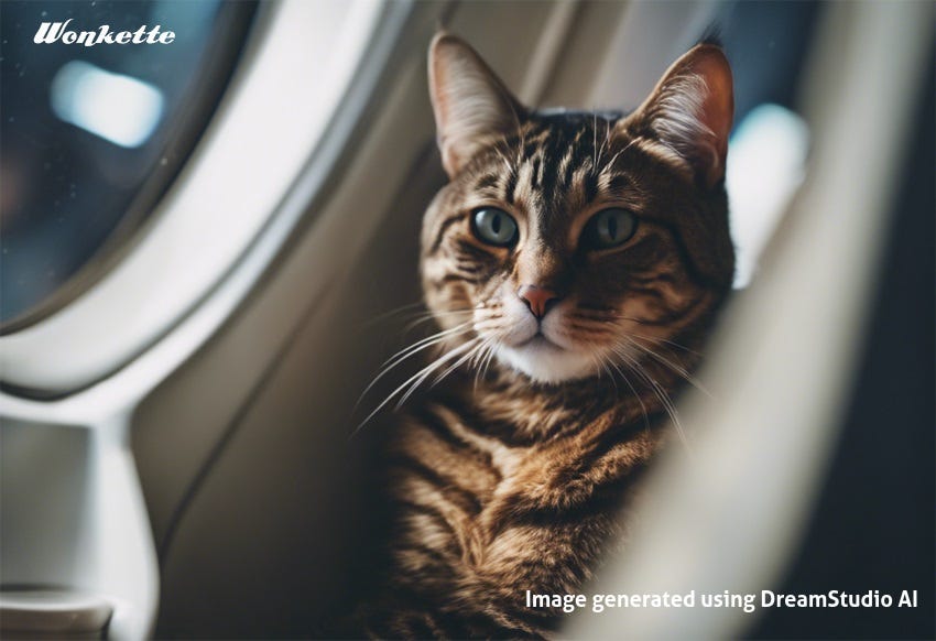 AI-generated of a cat sitting in an airline seat AI-generated of a cat sitting in an airline seat