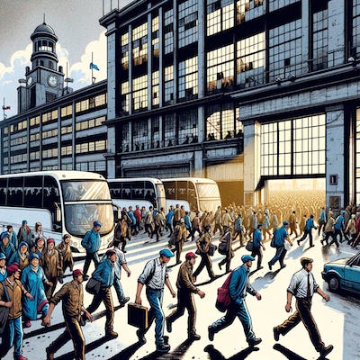 DALL·E 2024-03-15 21.58.39 - A dynamic scene unfolds outside a bustling garments factory as the day's shift concludes. Workers, in a mix of casual and work attire, flow out of the copy.png