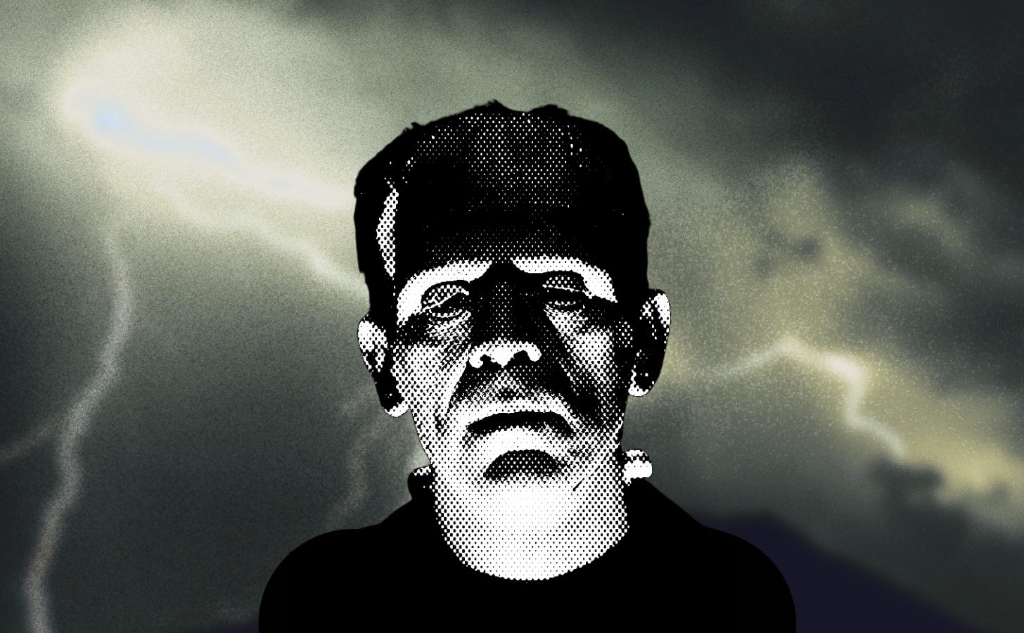 A staticky image of Frankenstein's monster in front of neon green lightning