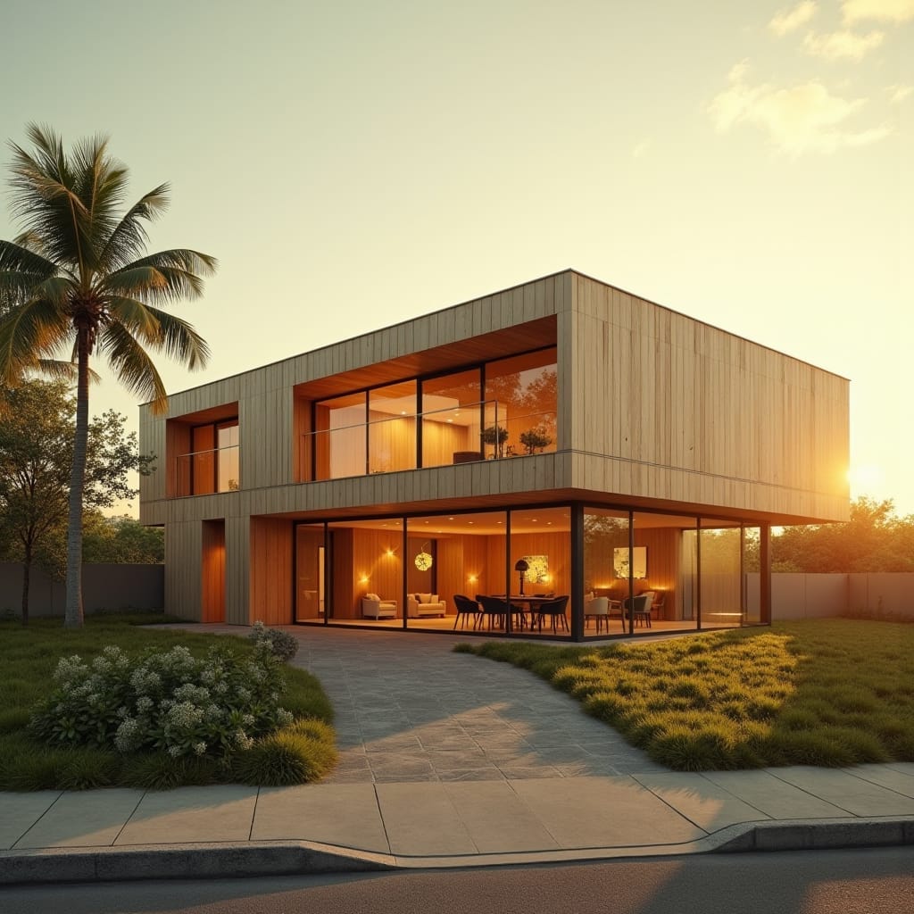 A sleek, modern panelized prefab home in the heart of Kingston, Jamaica, bathed in warm, golden light, as if kissed by the Caribbean sun.