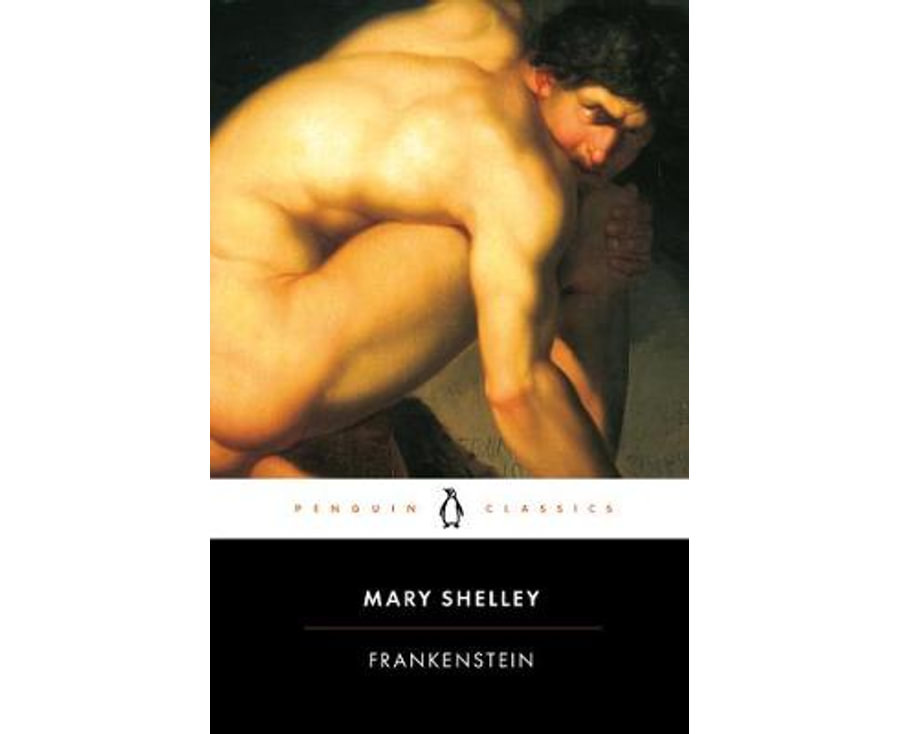 Cover image of Frankenstein by Mary Shelley, featuring a painting of a naked man crouching down and looking haunted