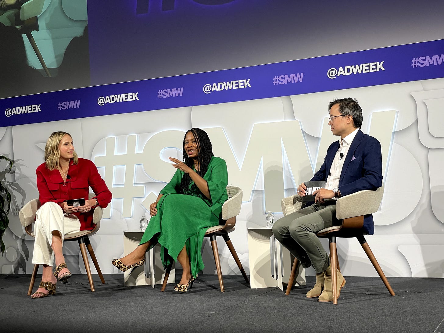 Panel of three people seated on the Social Media Week main stage Dash Hudson’s Kate Kenner Archibald, The Inkey List’s Stephanie Davis Michelman and AdWeek’s Ryan Joe